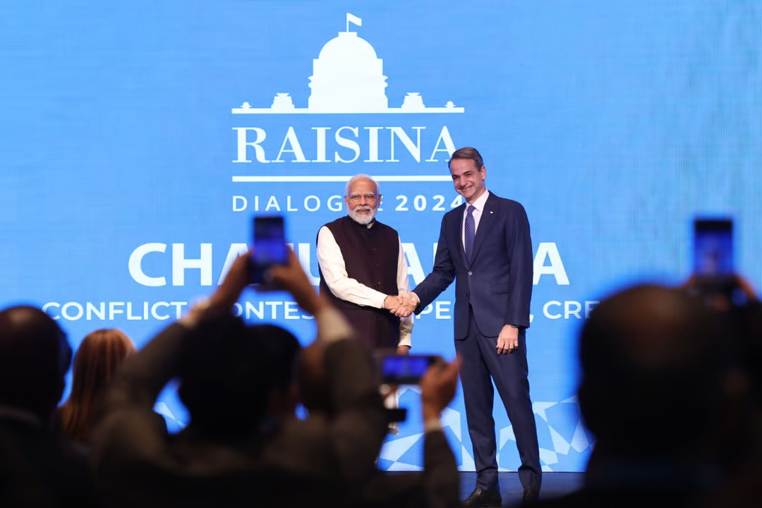 2月21日，印度总理莫迪、希腊总理米佐塔基斯出席“瑞辛纳对话”开幕仪式。